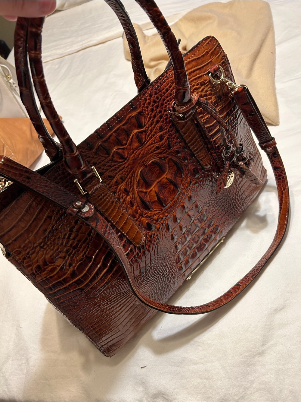 Brahmin Croc-Embossed Satchel in Rich Chestnut Brown